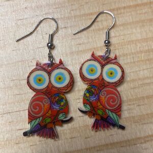 Colorful Owl Earrings, Drop Dangle Hook Pierced Fashion Art 1.25 inch‎ Red New